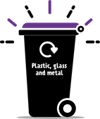 Purple-topped wheelie bin for recycling plastic, metal and glass